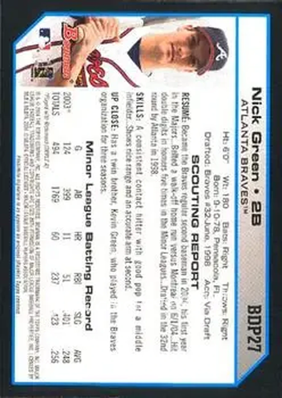 2004 Bowman Draft Picks & Prospects #BDP27 - Nick Green - Atlanta Braves - Back