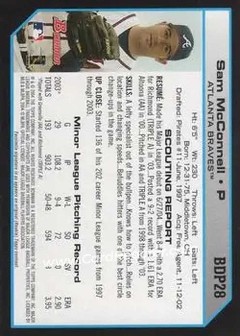 2004 Bowman Draft Picks & Prospects #BDP28 - Sam McConnell - Atlanta Braves - Back
