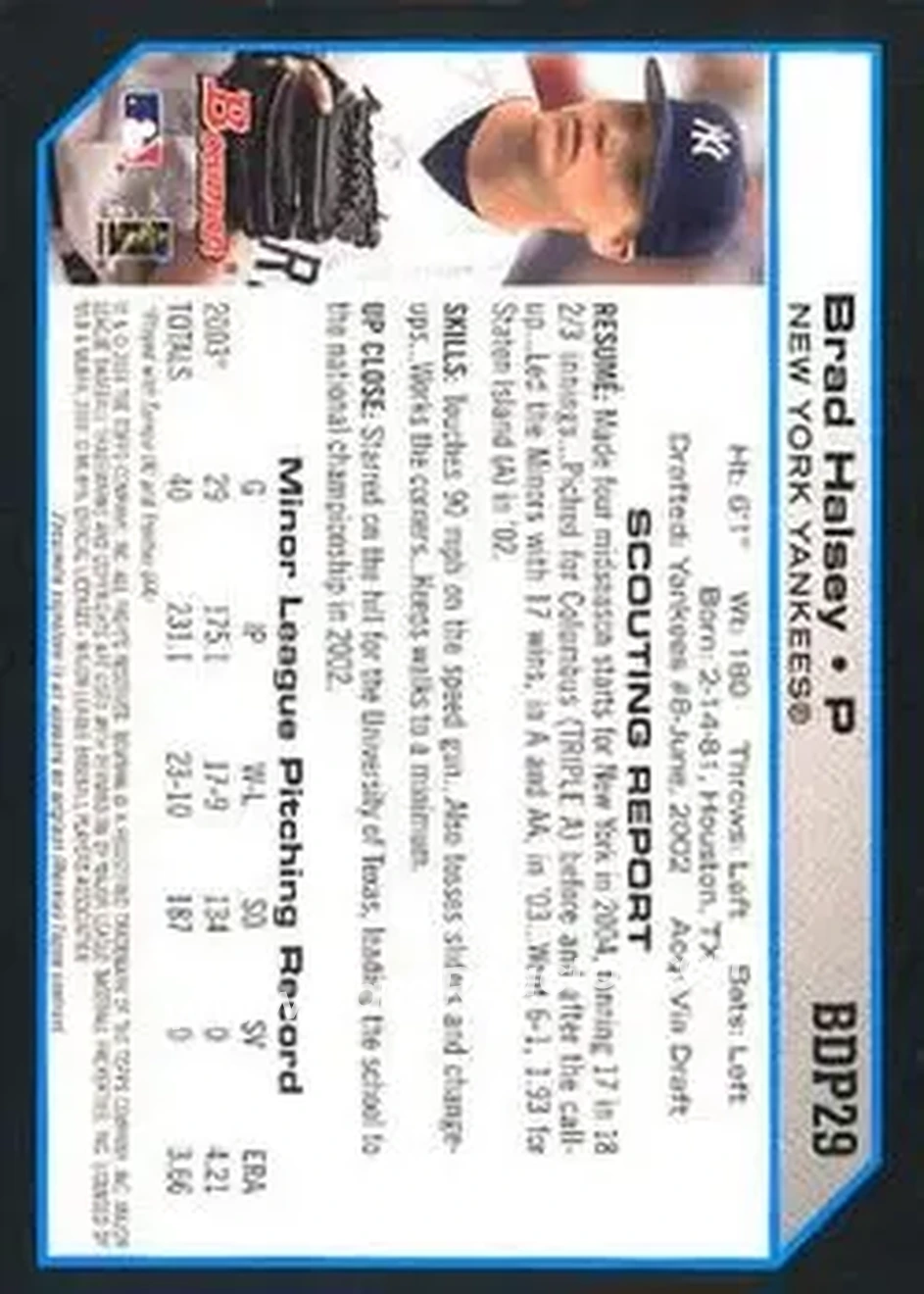2004 Bowman Draft Picks & Prospects #BDP29 - Brad Halsey - New York Yankees - Back