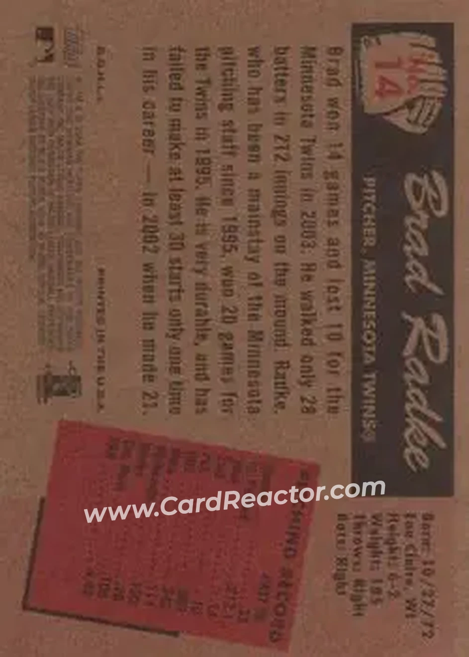 2004 Bowman Heritage #14 - Brad Radke - Minnesota Twins - Back