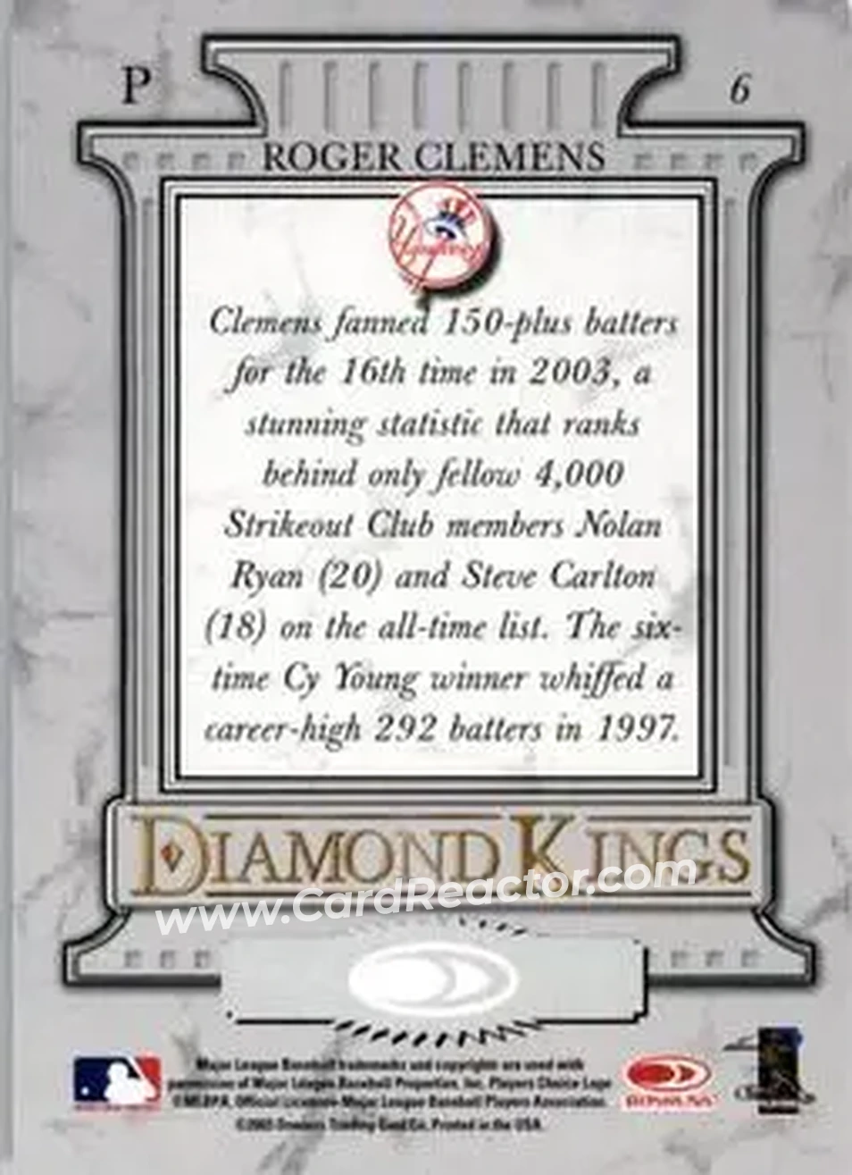 2004 Donruss #6 - Roger Clemens - New York Yankees - Back 2004 Donruss #6 - Roger Clemens - New York Yankees - Back