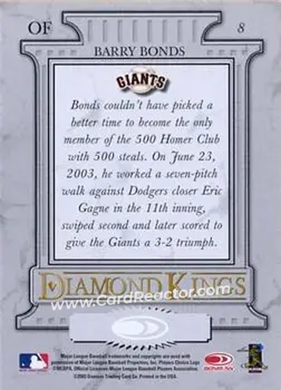 2004 Donruss #8 - Barry Bonds - San Francisco Giants - Back