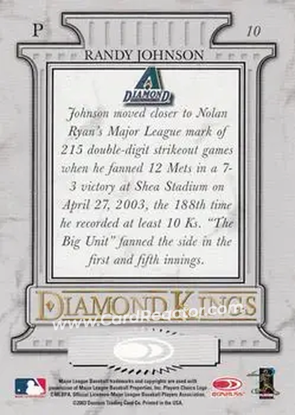 2004 Donruss #10 - Randy Johnson - Arizona Diamondbacks - Back