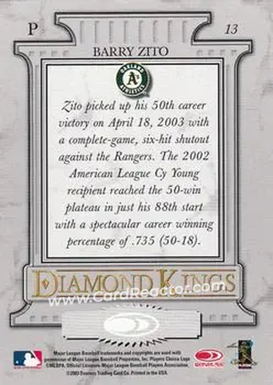 2004 Donruss #13 - Barry Zito - Oakland Athletics - Back