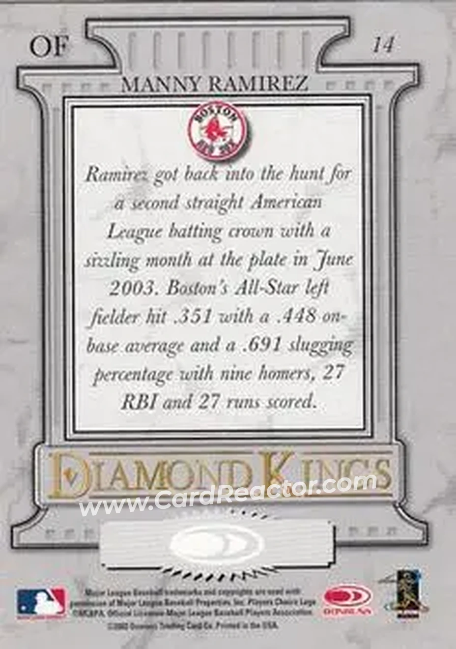 2004 Donruss #14 - Manny Ramirez - Boston Red Sox - Back