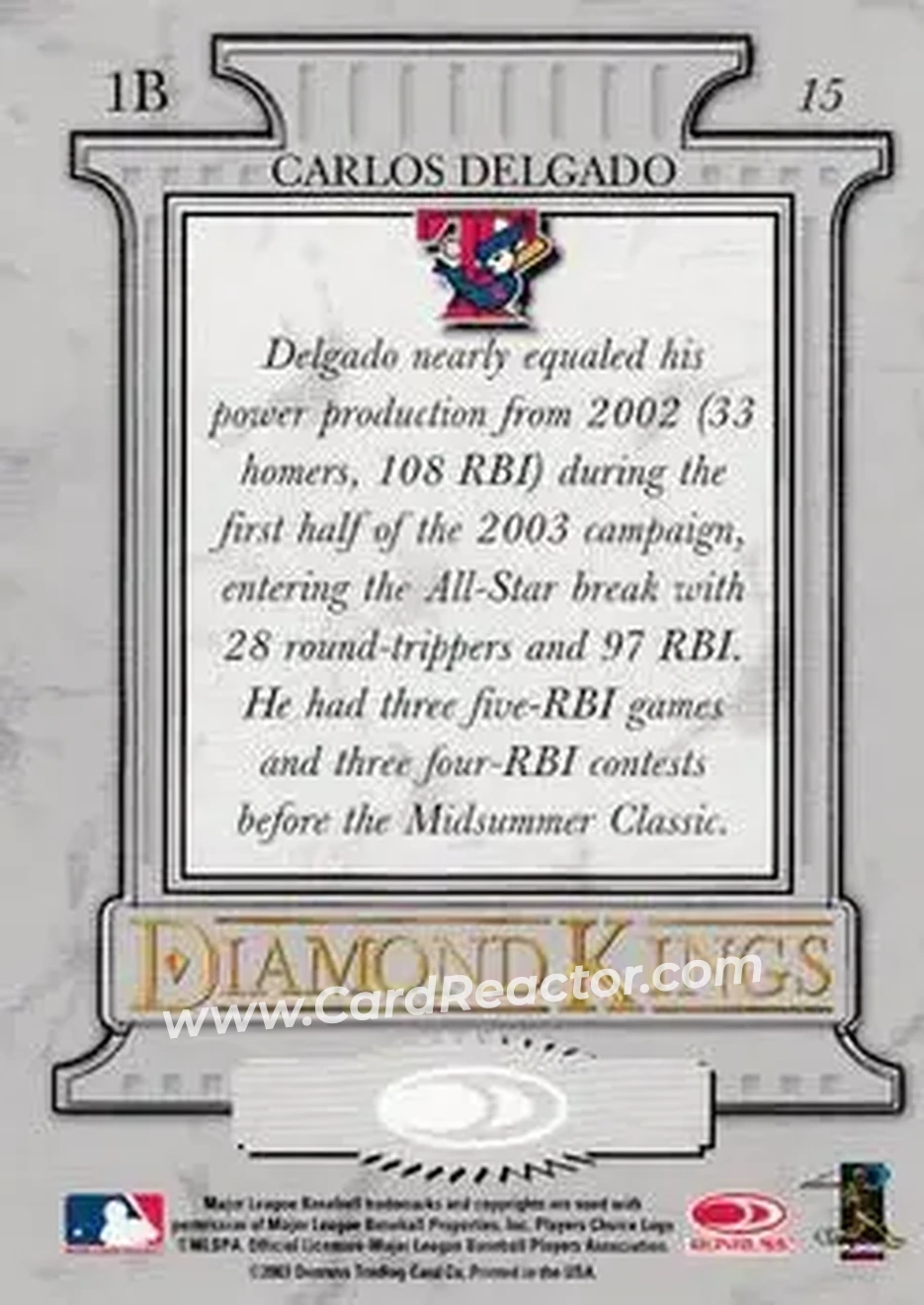 2004 Donruss #15 - Carlos Delgado - Toronto Blue Jays - Back