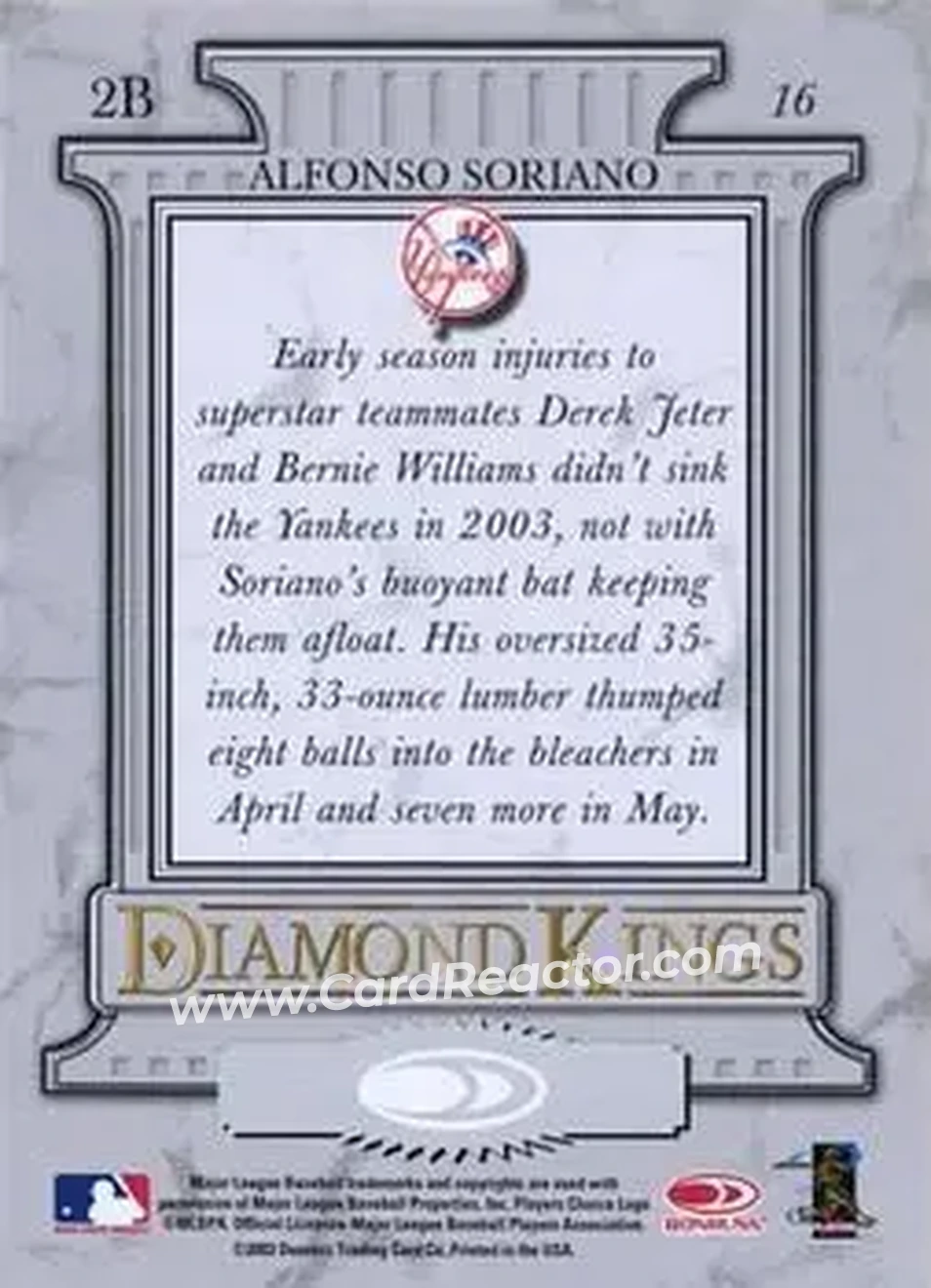2004 Donruss #16 - Alfonso Soriano - New York Yankees - Back