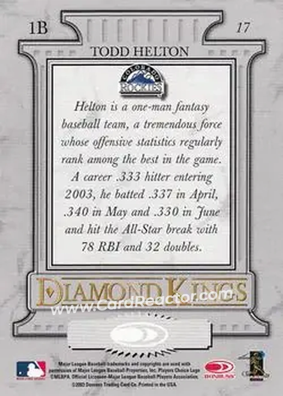 2004 Donruss #17 - Todd Helton - Colorado Rockies - Back