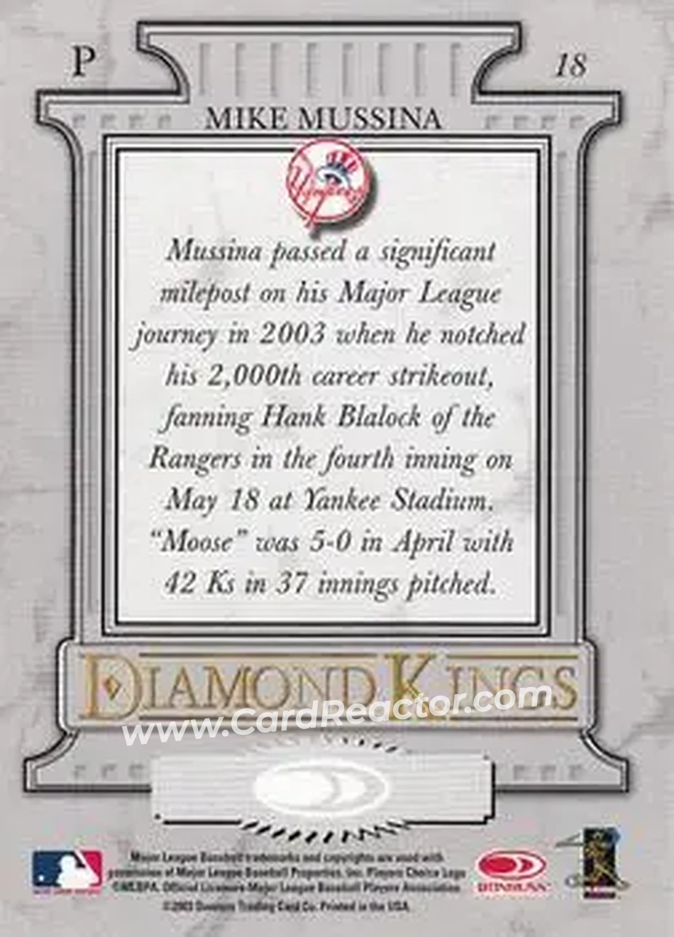 2004 Donruss #18 - Mike Mussina - New York Yankees - Back