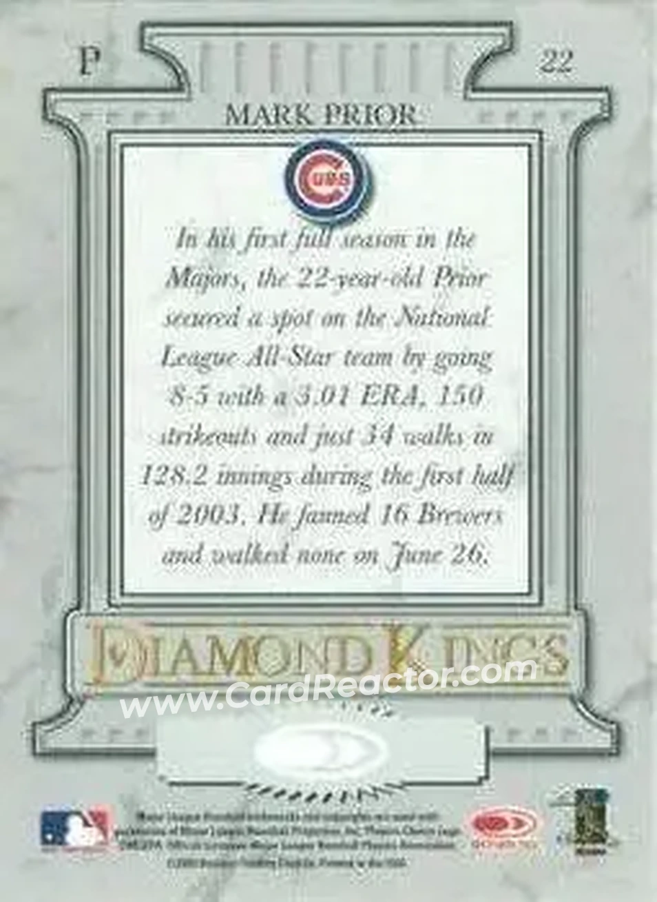2004 Donruss #22 - Mark Prior - Chicago Cubs - Back 2004 Donruss #22 - Mark Prior - Chicago Cubs - Back