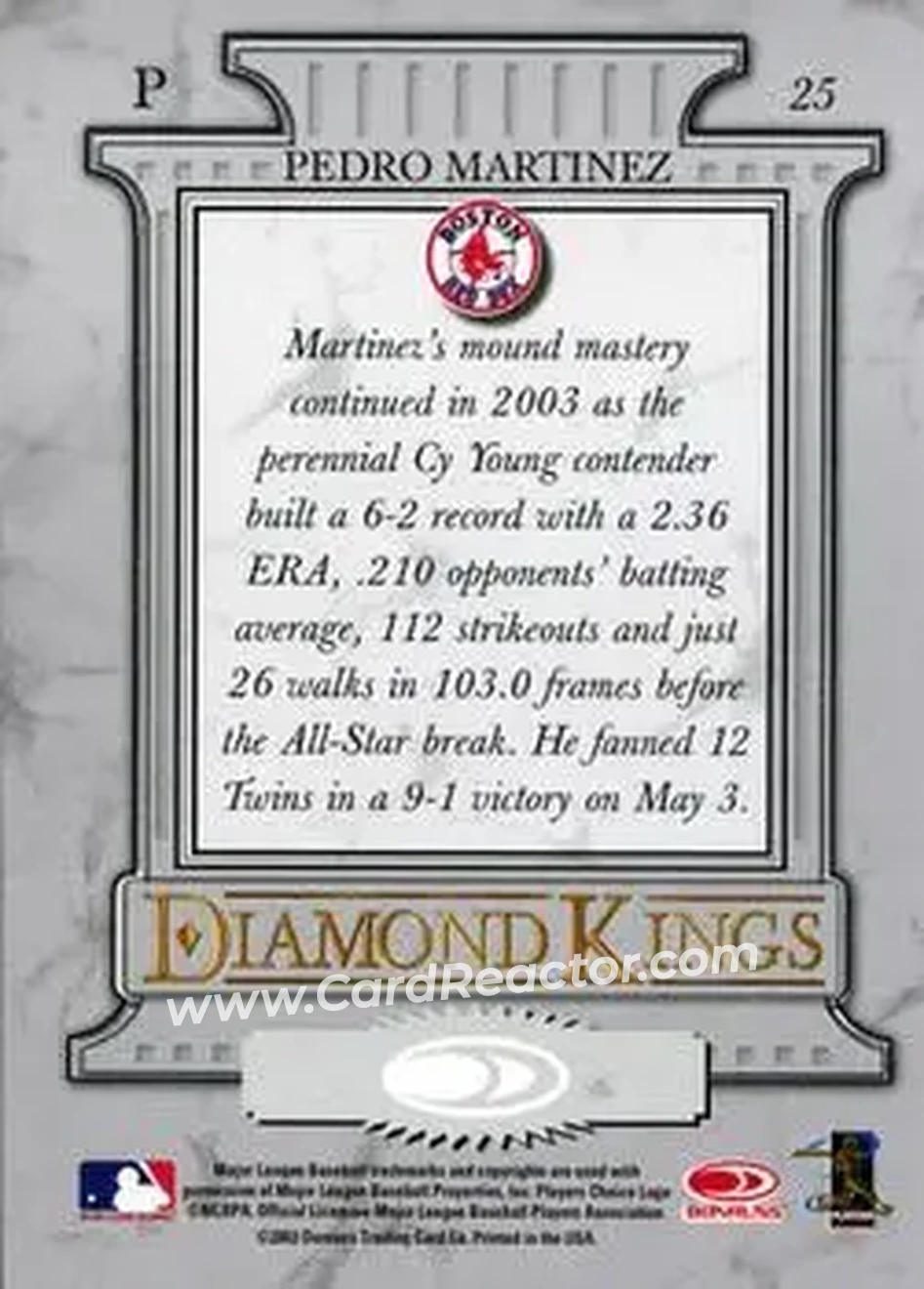2004 Donruss #25 - Pedro Martinez - Boston Red Sox - Back