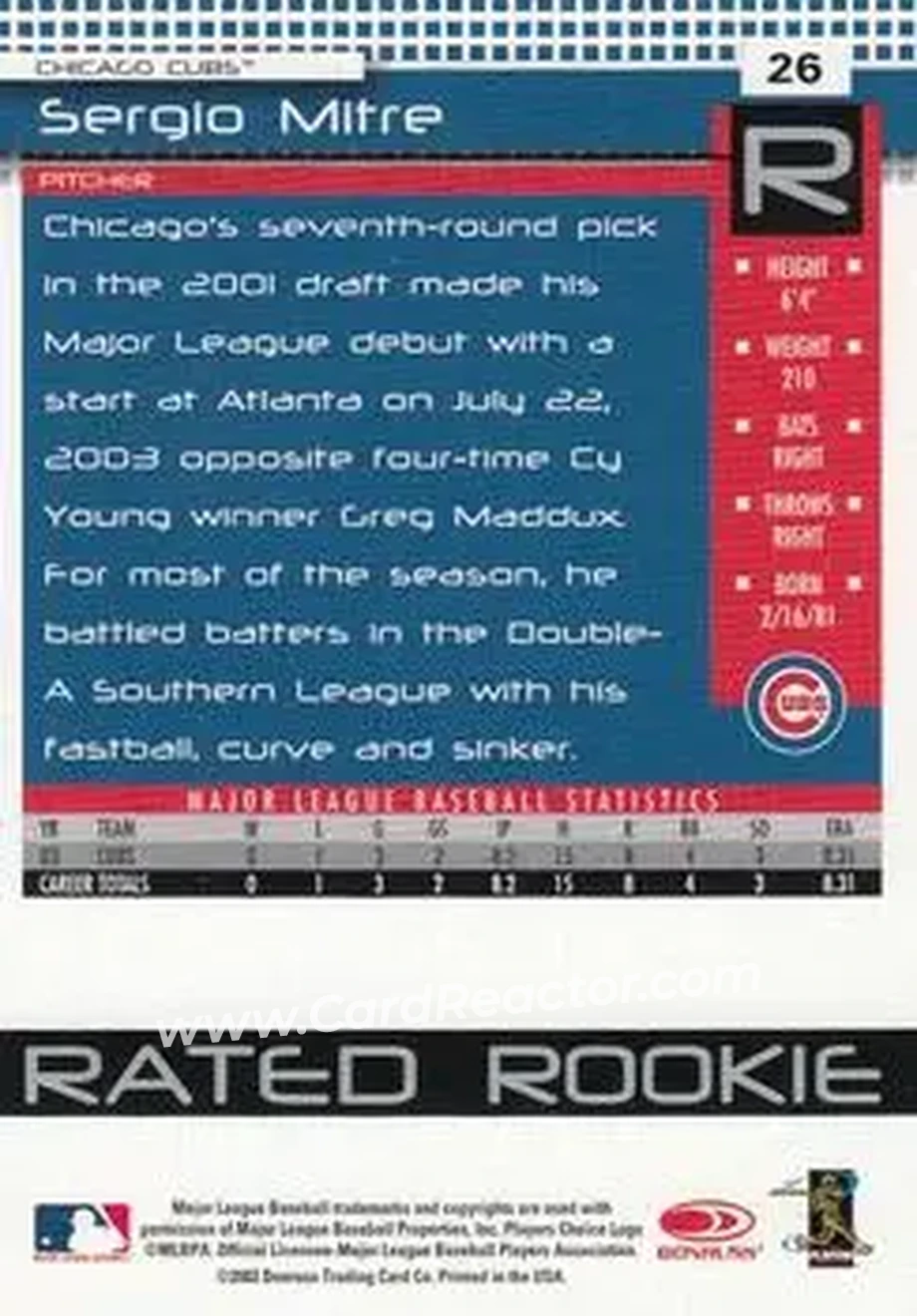 2004 Donruss #26 - Sergio Mitre - Chicago Cubs - Back