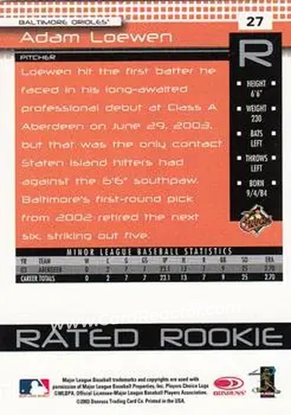 2004 Donruss #27 - Adam Loewen - Baltimore Orioles - Back