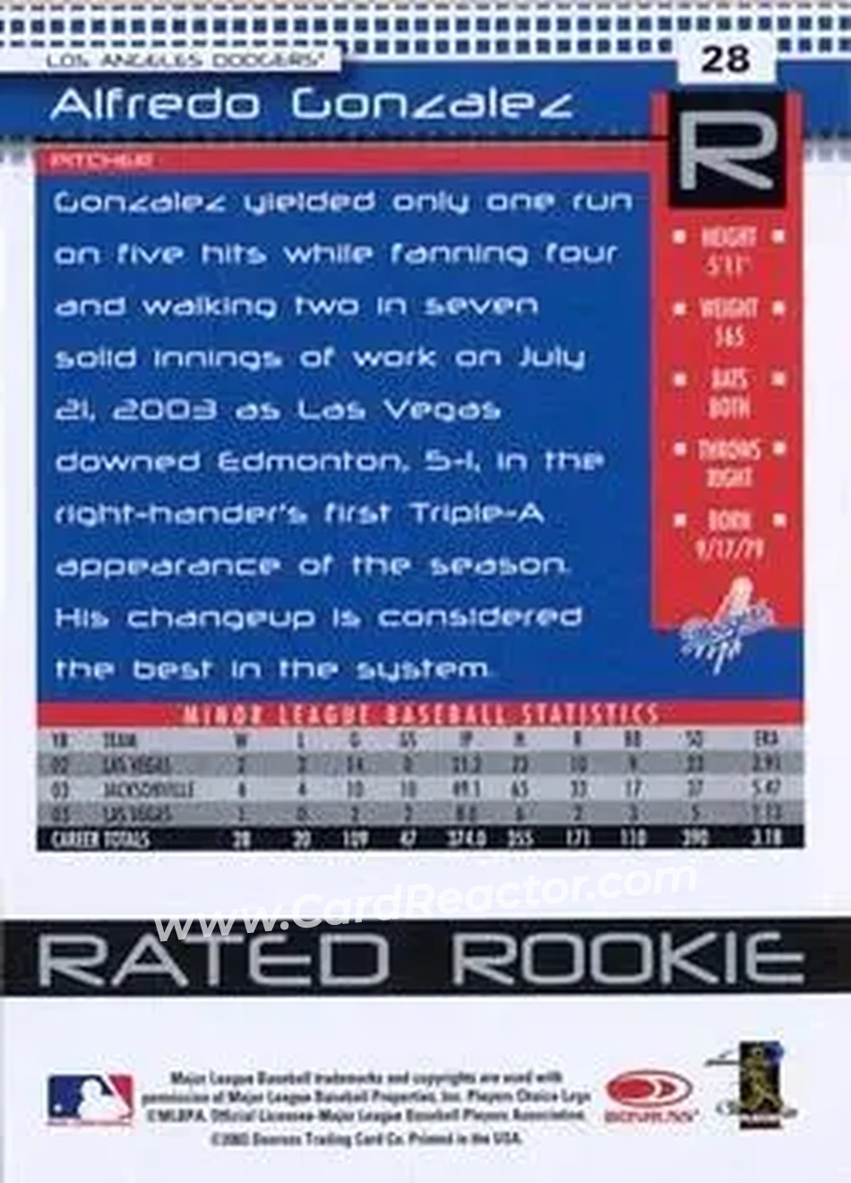2004 Donruss #28 - Alfredo Gonzalez - Los Angeles Dodgers - Back
