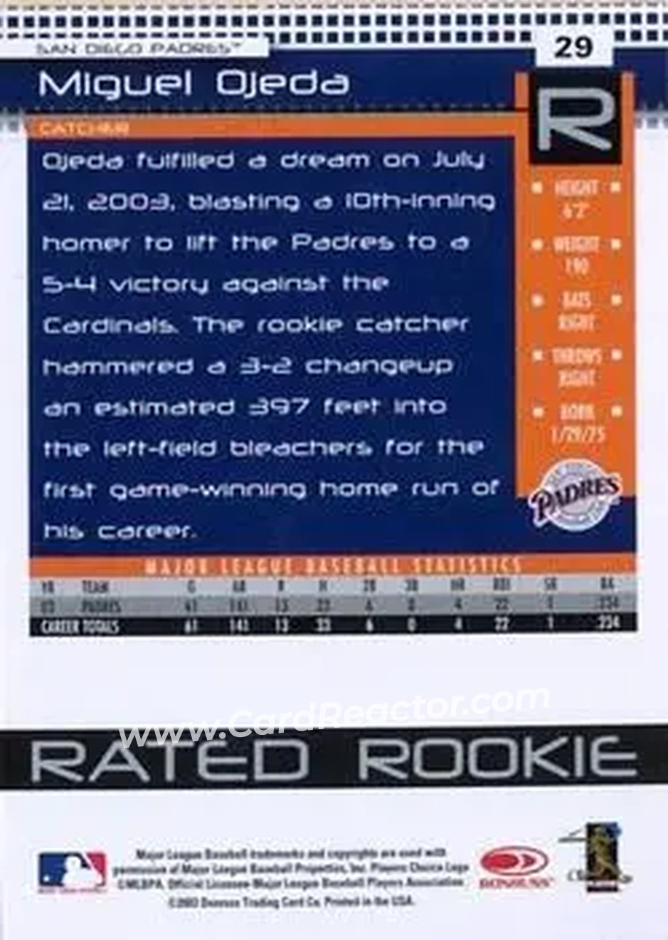 2004 Donruss #29 - Miguel Ojeda - San Diego Padres - Back