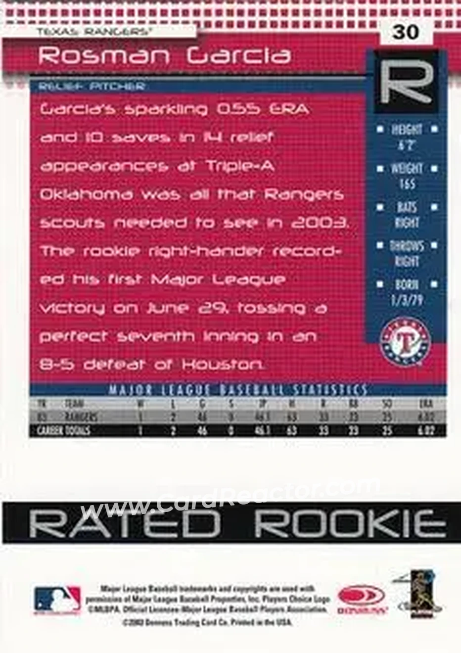 2004 Donruss #30 - Rosman Garcia - Texas Rangers - Back