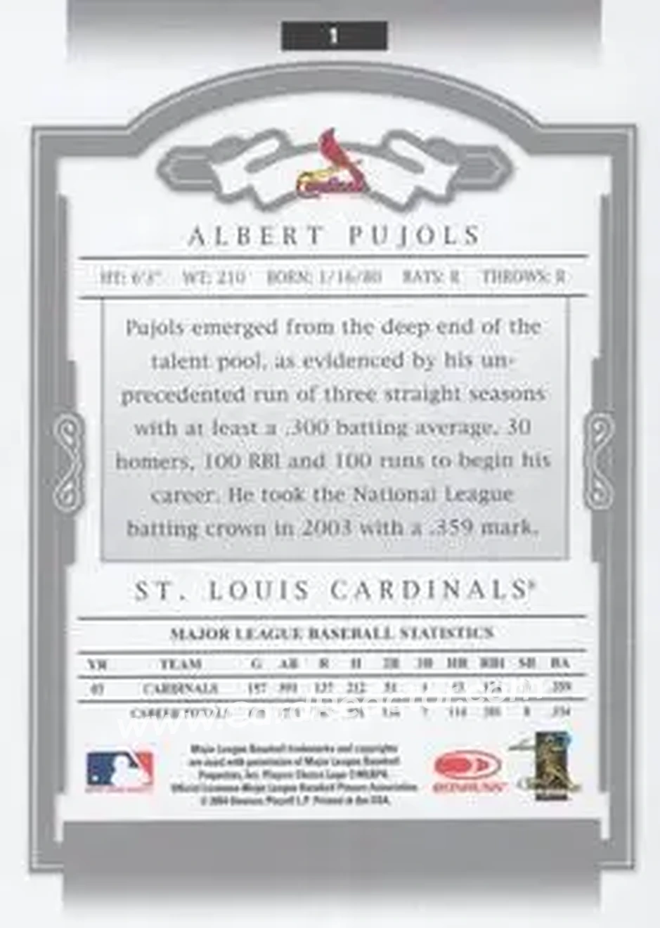2004 Donruss Classics #1 - Albert Pujols - St. Louis Cardinals - Back