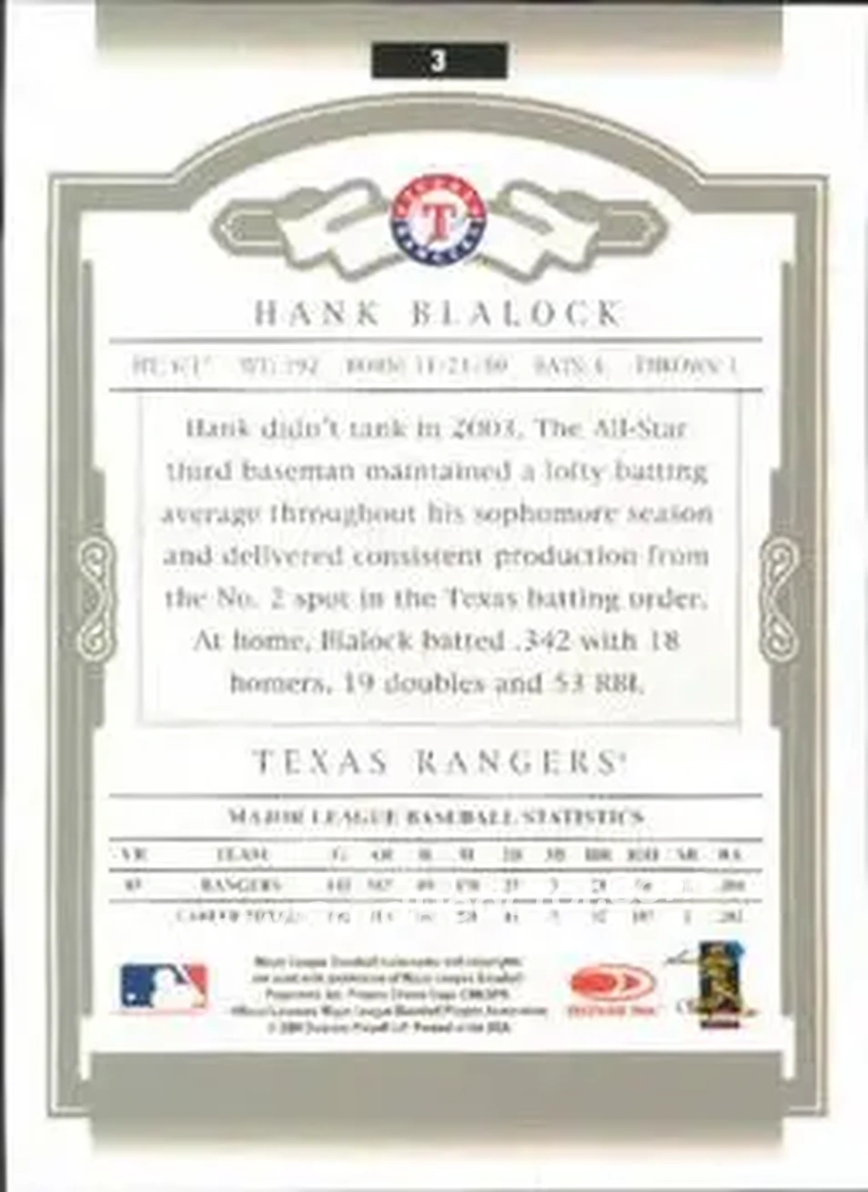 2004 Donruss Classics #3 - Hank Blalock - Texas Rangers - Back