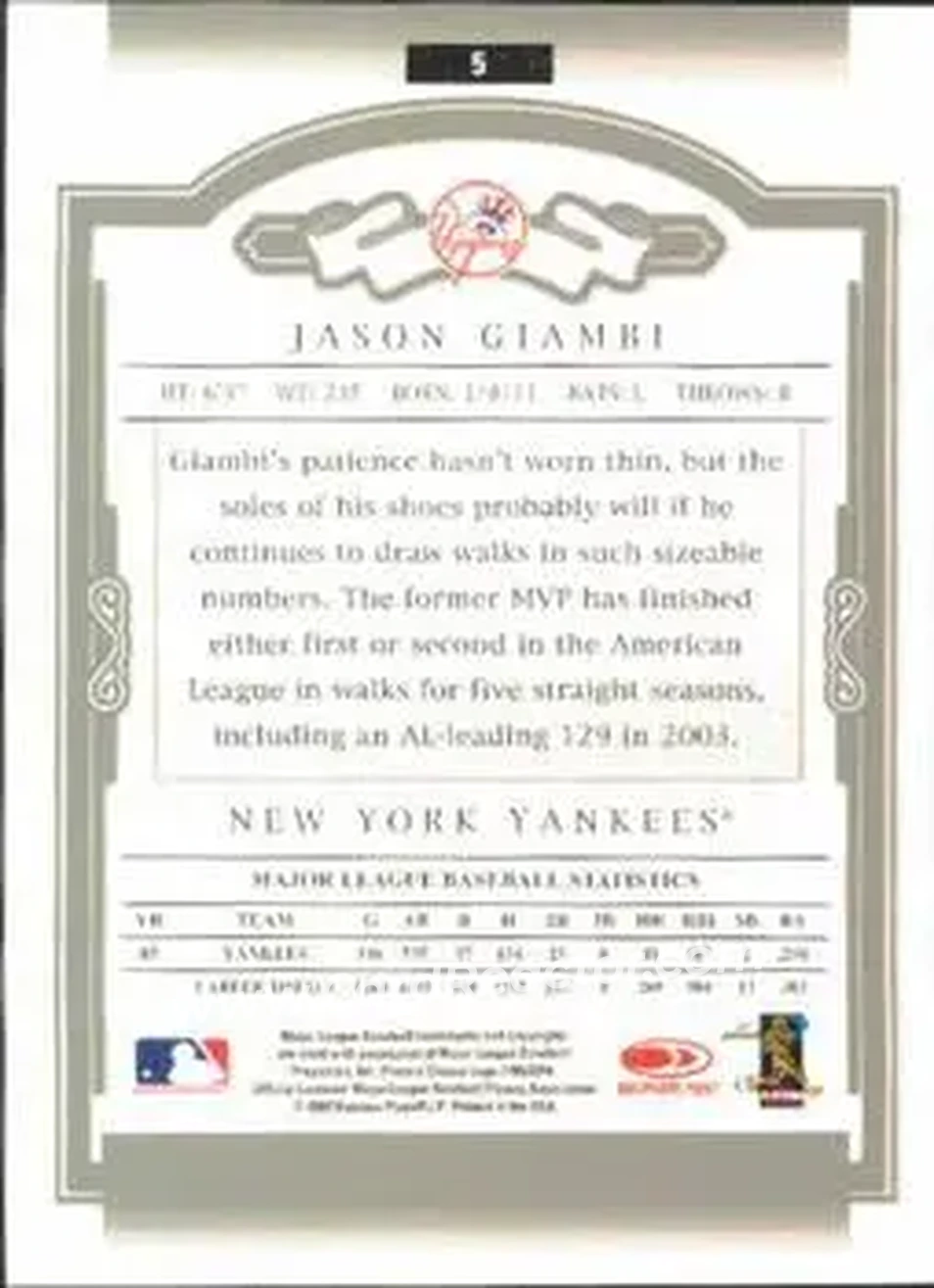 2004 Donruss Classics #5 - Jason Giambi - New York Yankees - Back 2004 Donruss Classics #5 - Jason Giambi - New York Yankees - Back