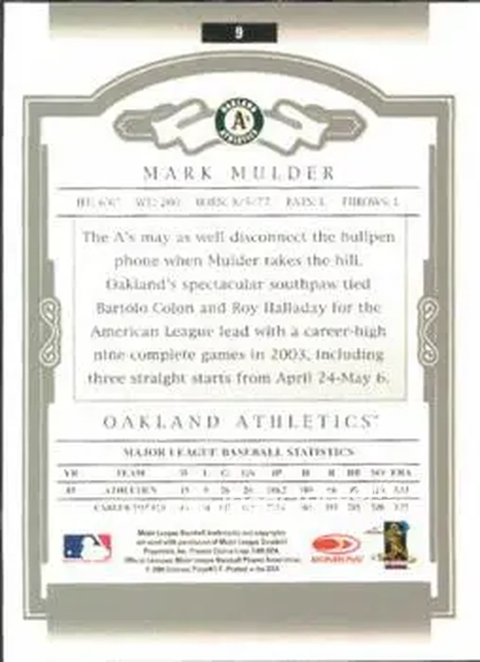 2004 Donruss Classics #9 - Mark Mulder - Oakland Athletics - Back