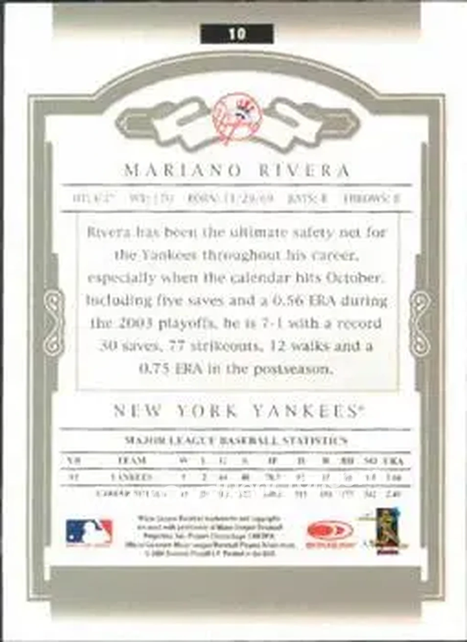 2004 Donruss Classics #10 - Mariano Rivera - New York Yankees - Back