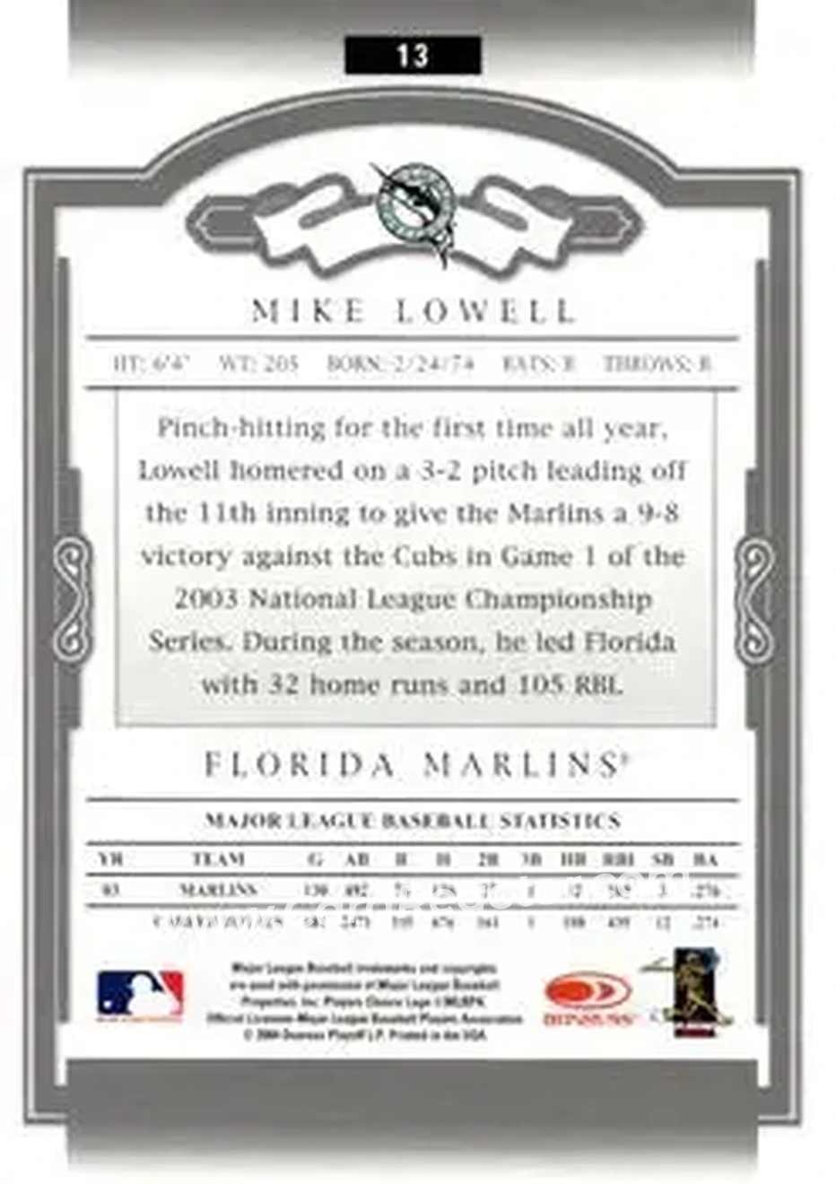 2004 Donruss Classics #13 - Mike Lowell - Florida Marlins - Back
