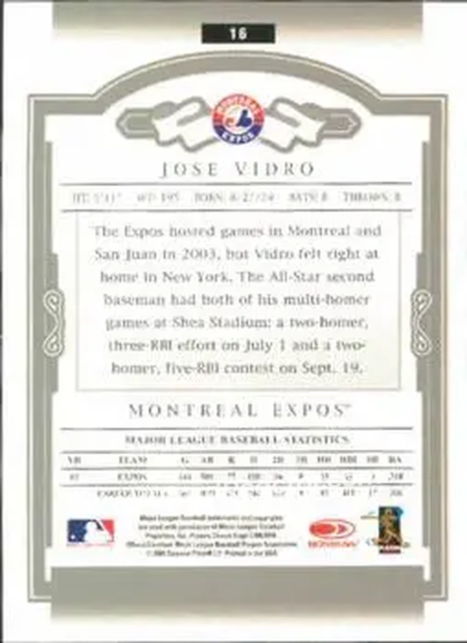 2004 Donruss Classics #16 - Jose Vidro - Montreal Expos - Back