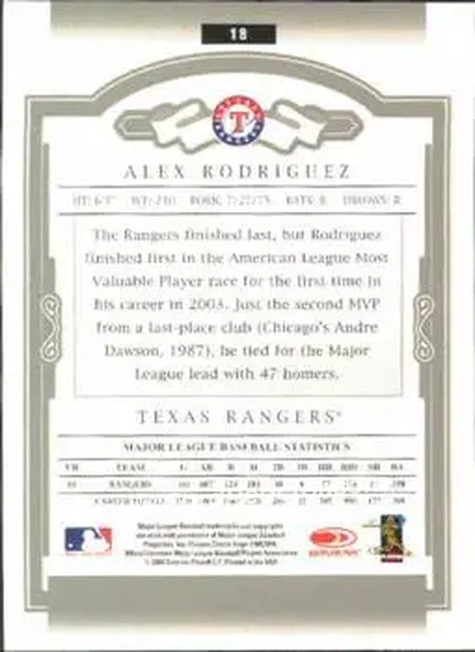 2004 Donruss Classics #18 - Alex Rodriguez - Texas Rangers - Back