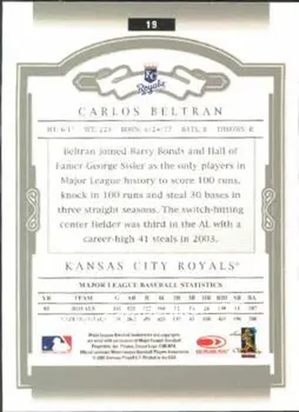 2004 Donruss Classics #19 - Carlos Beltran - Kansas City Royals - Back