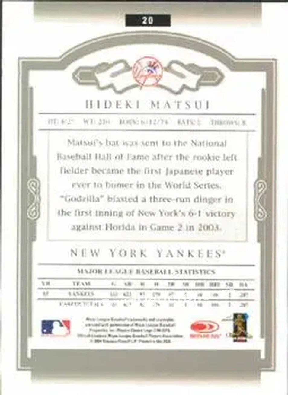 2004 Donruss Classics #20 - Hideki Matsui - New York Yankees - Back