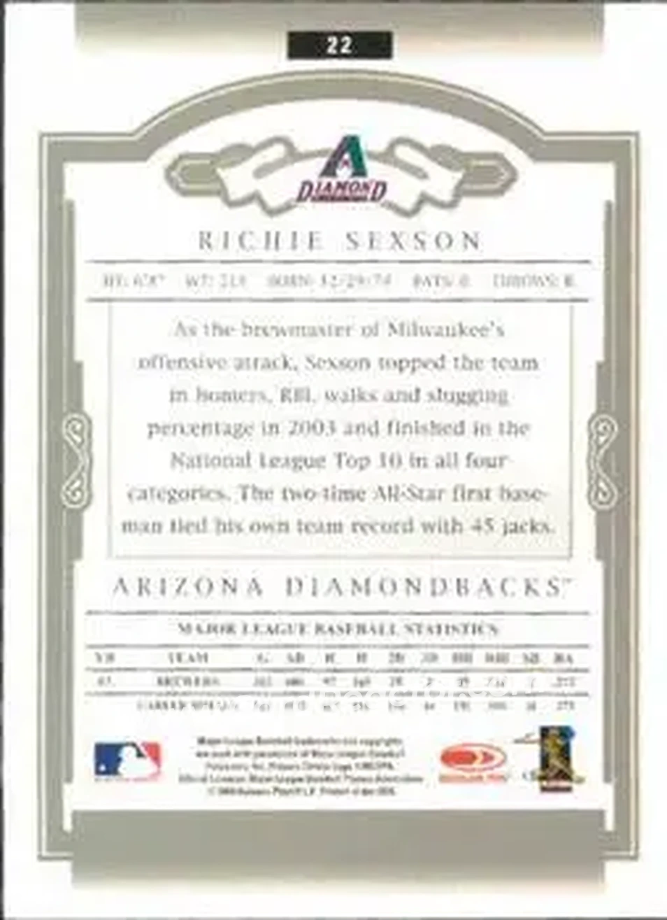 2004 Donruss Classics #22 - Richie Sexson - Arizona Diamondbacks - Back