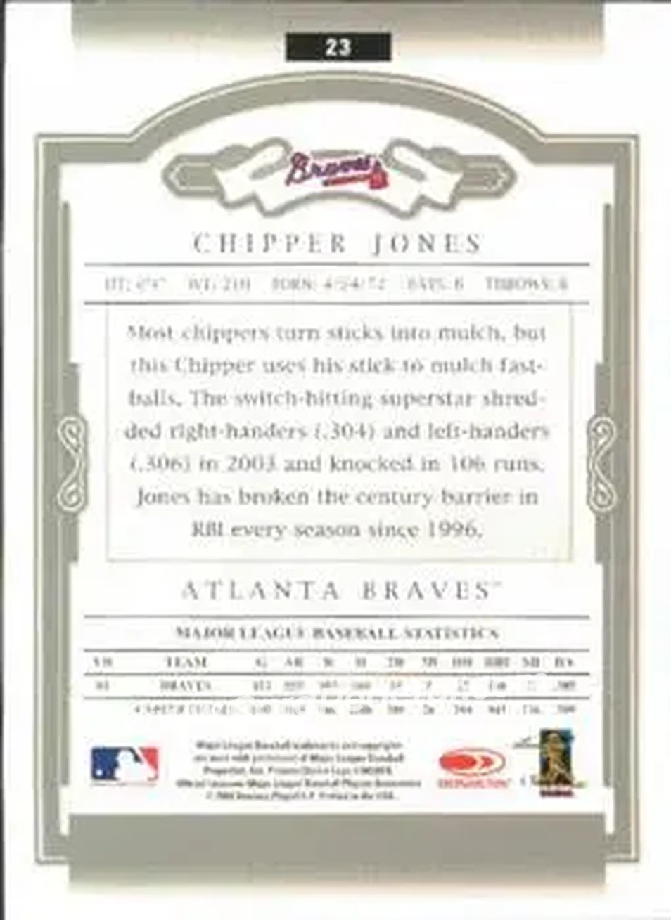 2004 Donruss Classics #23 - Chipper Jones - Atlanta Braves - Back