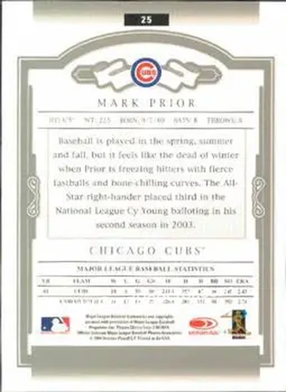 2004 Donruss Classics #25 - Mark Prior - Chicago Cubs - Back
