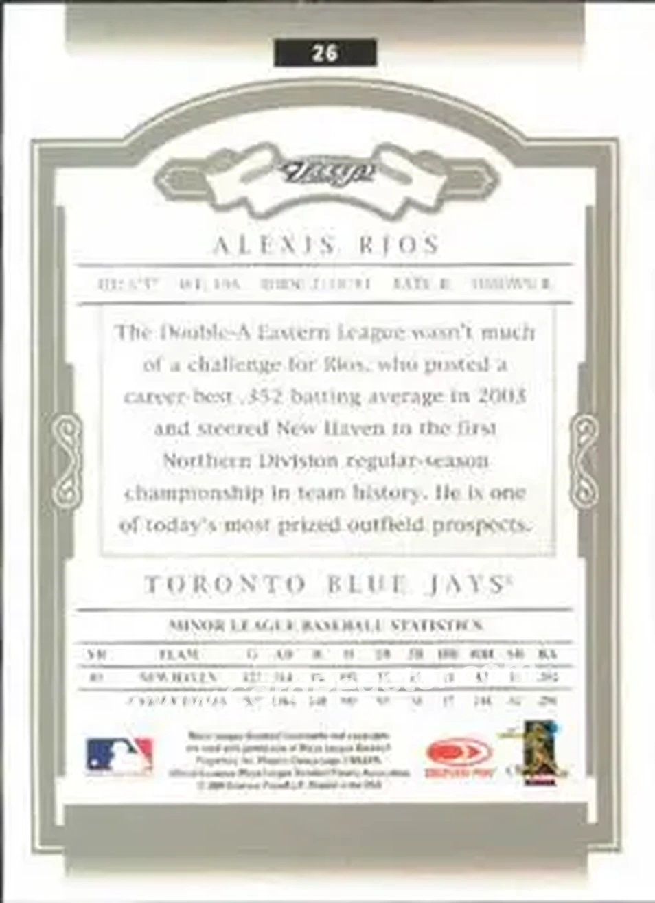 2004 Donruss Classics #26 - Alex Rios - Toronto Blue Jays - Back