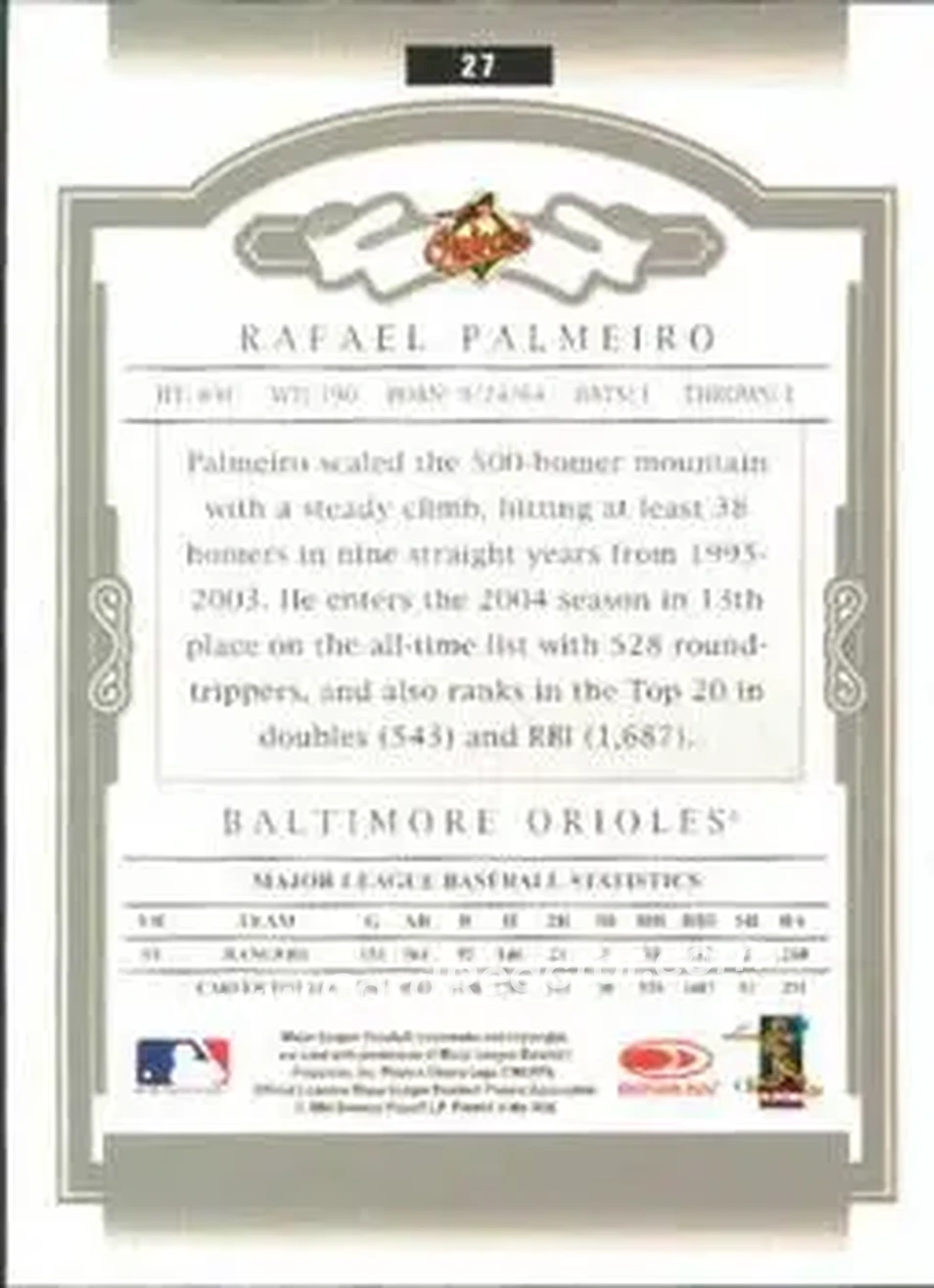 2004 Donruss Classics #27 - Rafael Palmeiro - Baltimore Orioles - Back