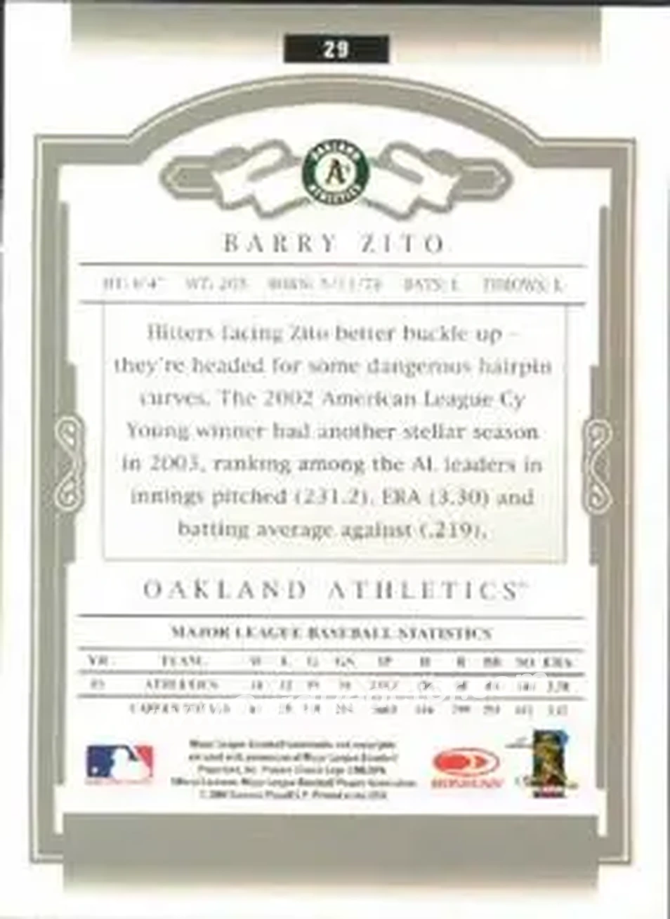 2004 Donruss Classics #29 - Barry Zito - Oakland Athletics - Back
