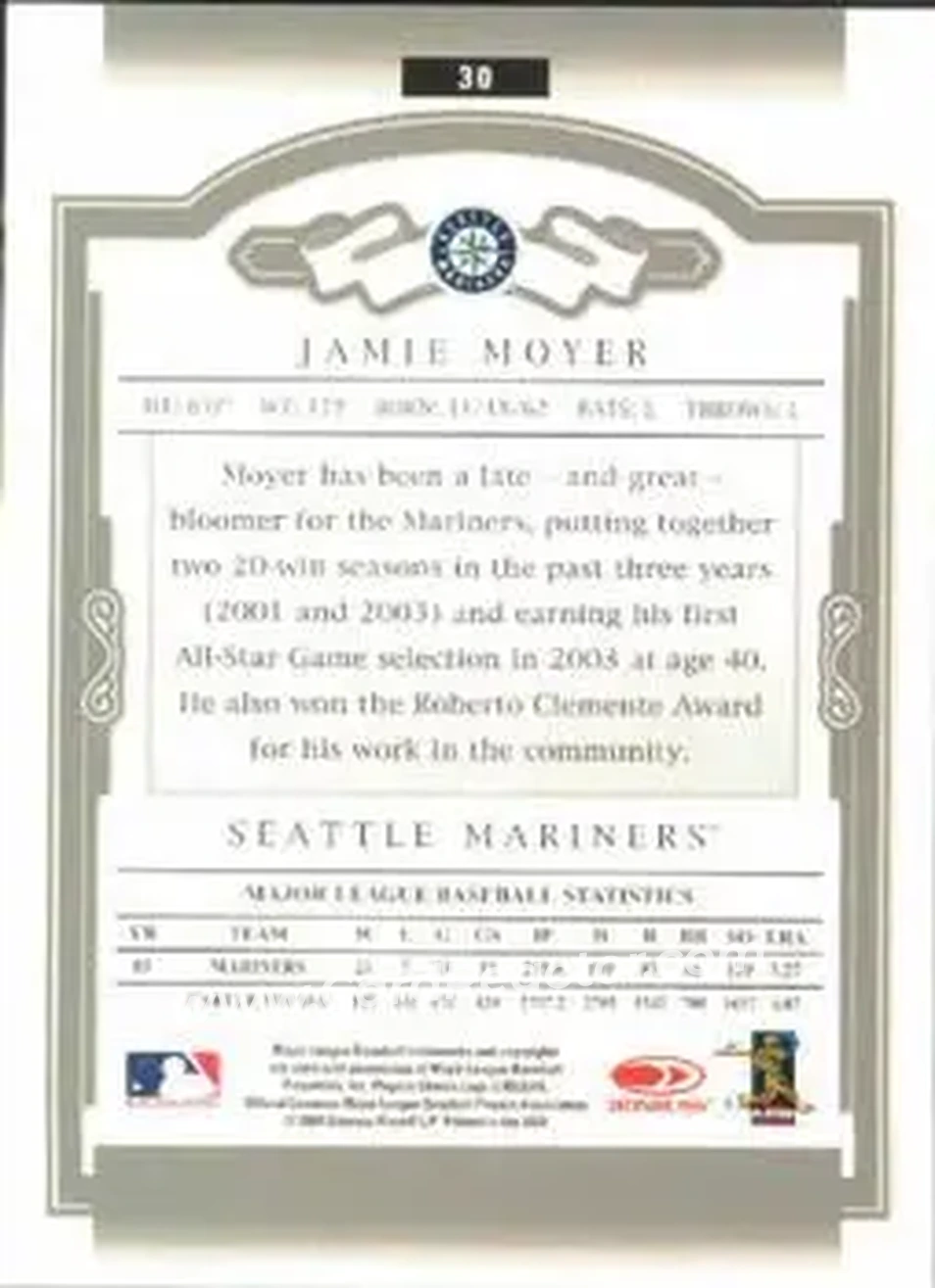 2004 Donruss Classics #30 - Jamie Moyer - Seattle Mariners - Back