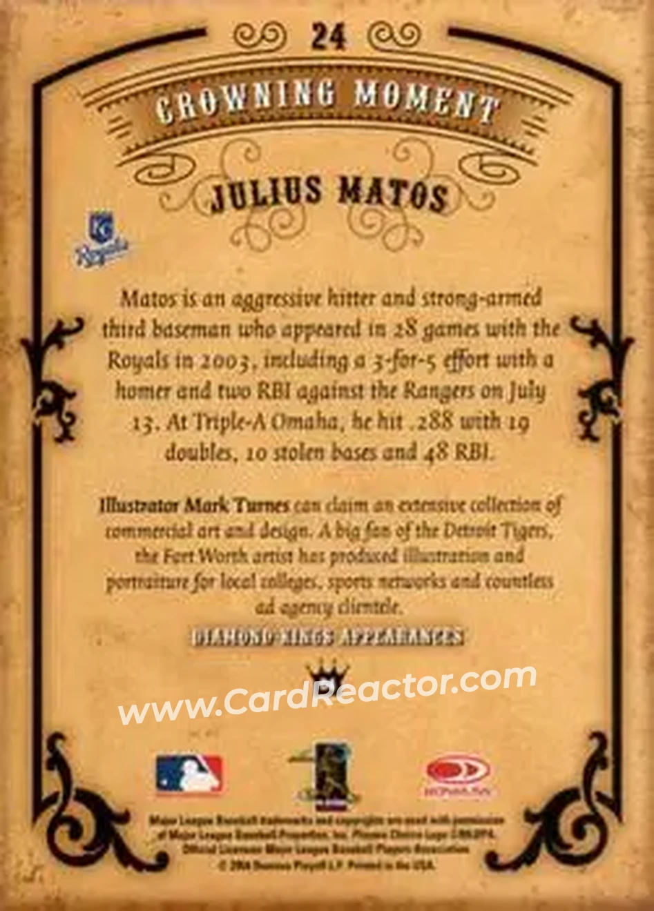 2004 Donruss Diamond Kings #24 - Julius Matos - Kansas City Royals - Back