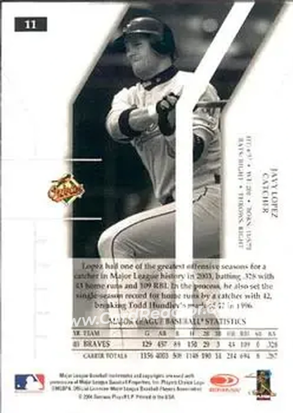 2004 Donruss Elite Extra Edition #11 - Javier Lopez - Baltimore Orioles - Back