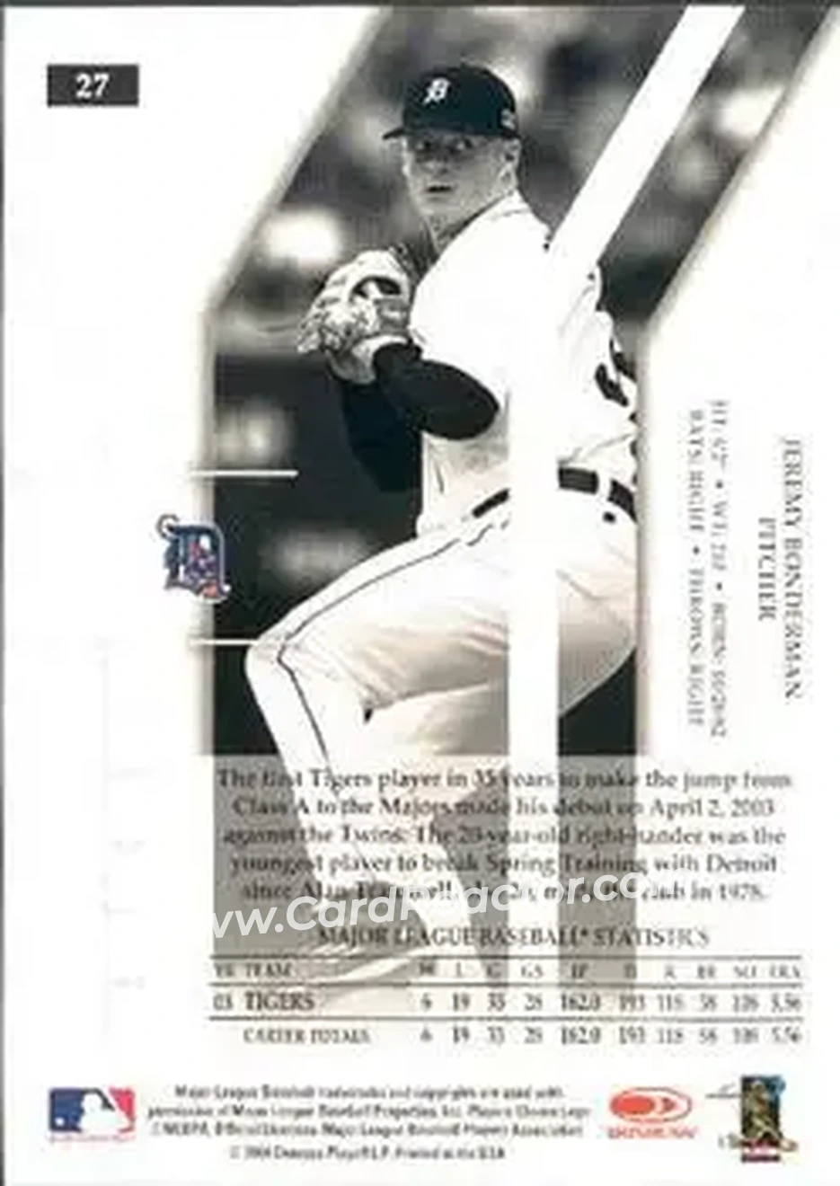 2004 Donruss Elite Extra Edition #27 - Jeremy Bonderman - Detroit Tigers - Back