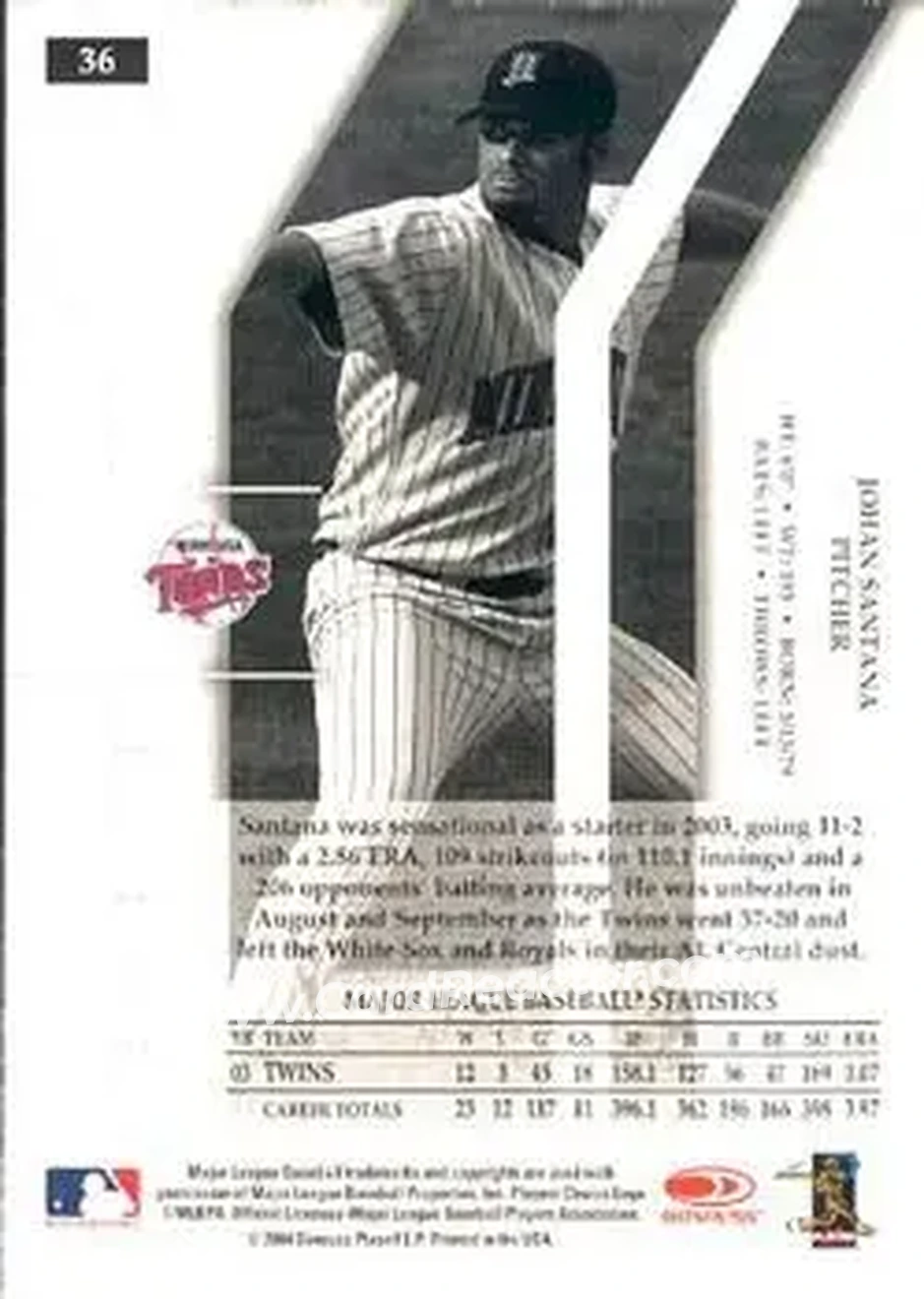 2004 Donruss Elite Extra Edition #36 - Johan Santana - Minnesota Twins - Back