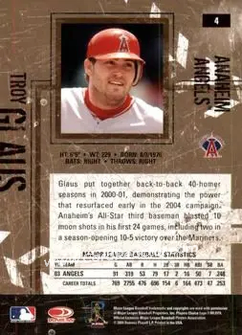 2004 Donruss Leather & Lumber #4 - Troy Glaus - Anaheim Angels - Back 2004 Donruss Leather & Lumber #4 - Troy Glaus - Anaheim Angels - Back