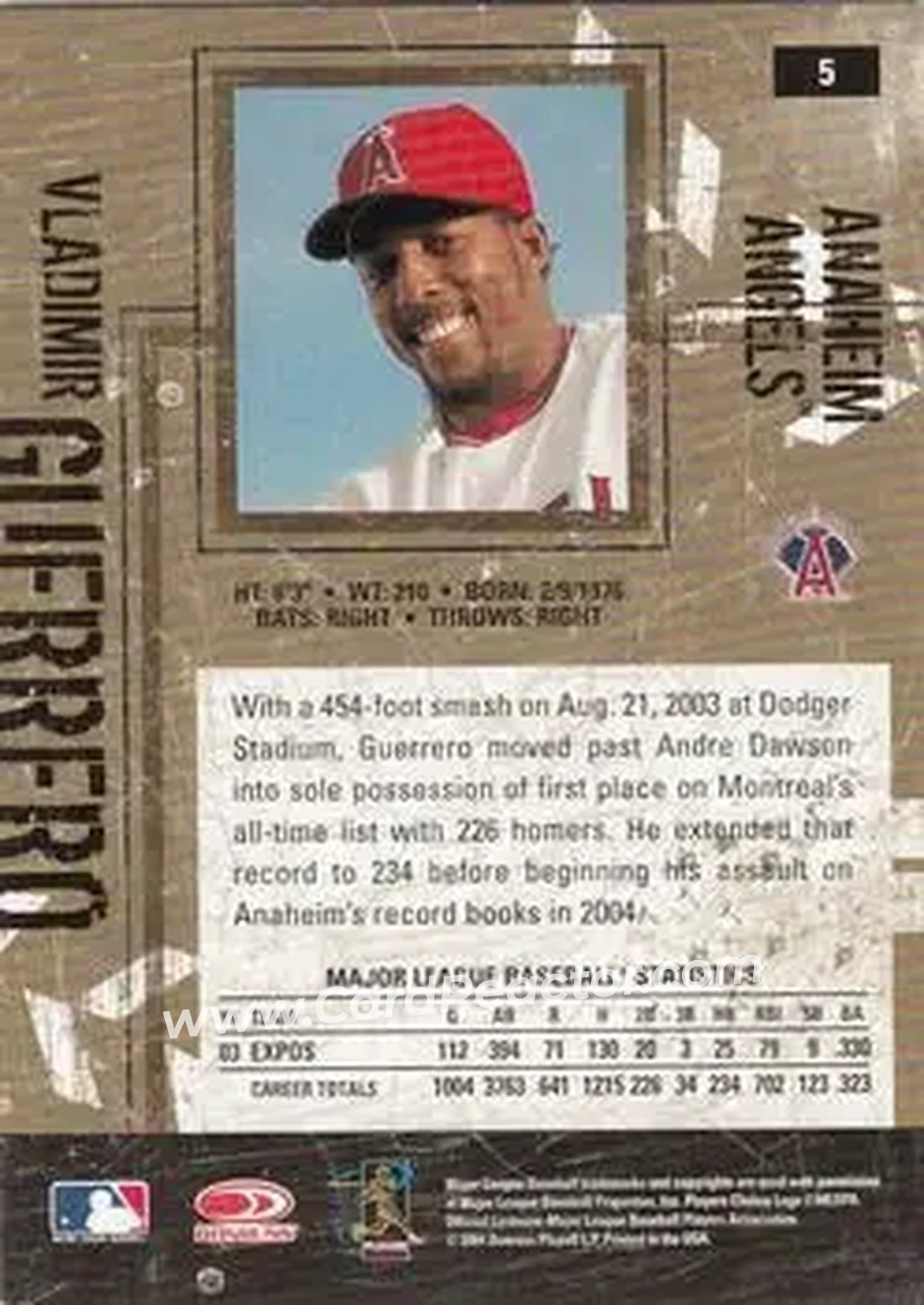 2004 Donruss Leather & Lumber #5 - Vladimir Guerrero - Anaheim Angels - Back