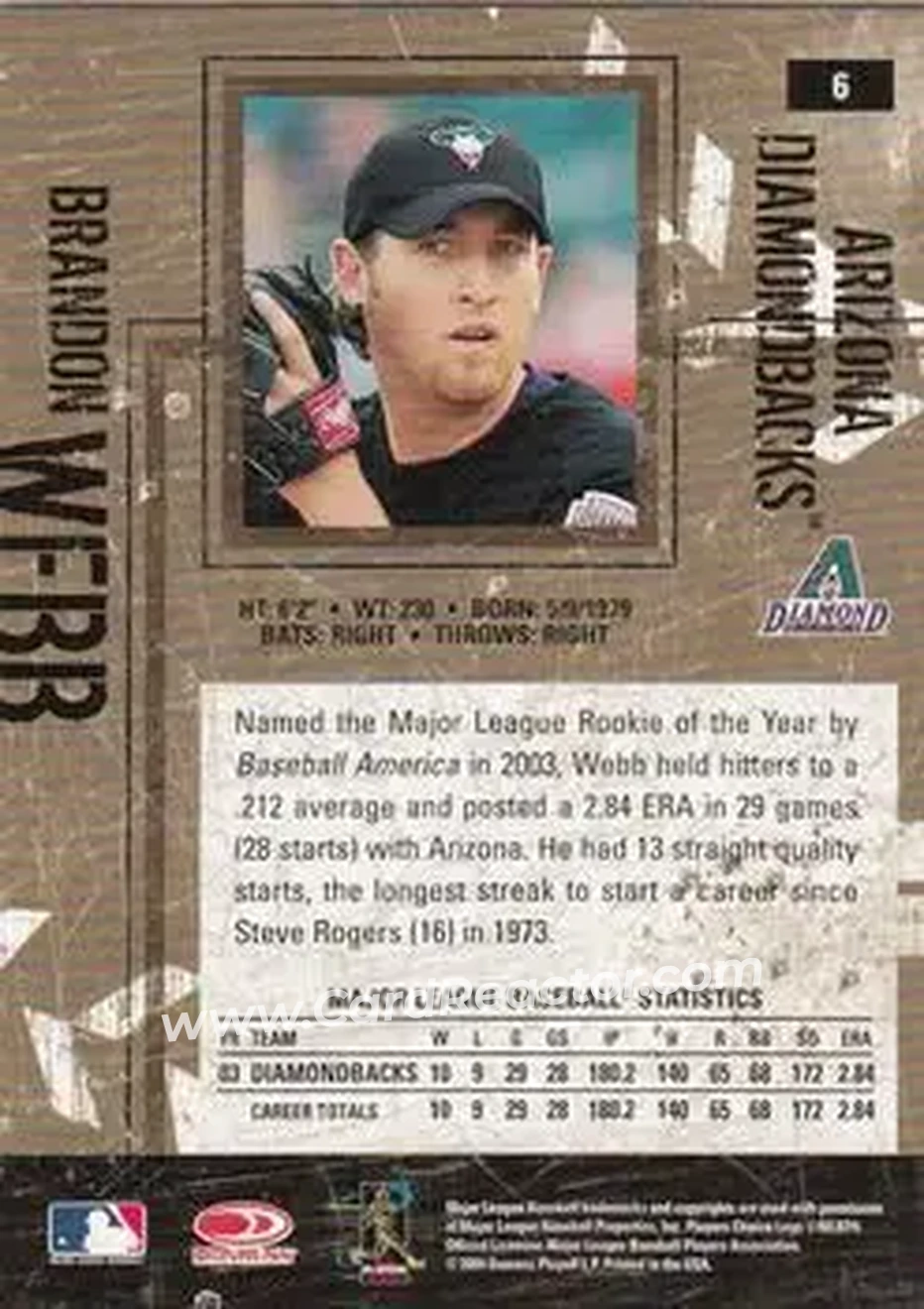 2004 Donruss Leather & Lumber #6 - Brandon Webb - Arizona Diamondbacks - Back 2004 Donruss Leather & Lumber #6 - Brandon Webb - Arizona Diamondbacks - Back