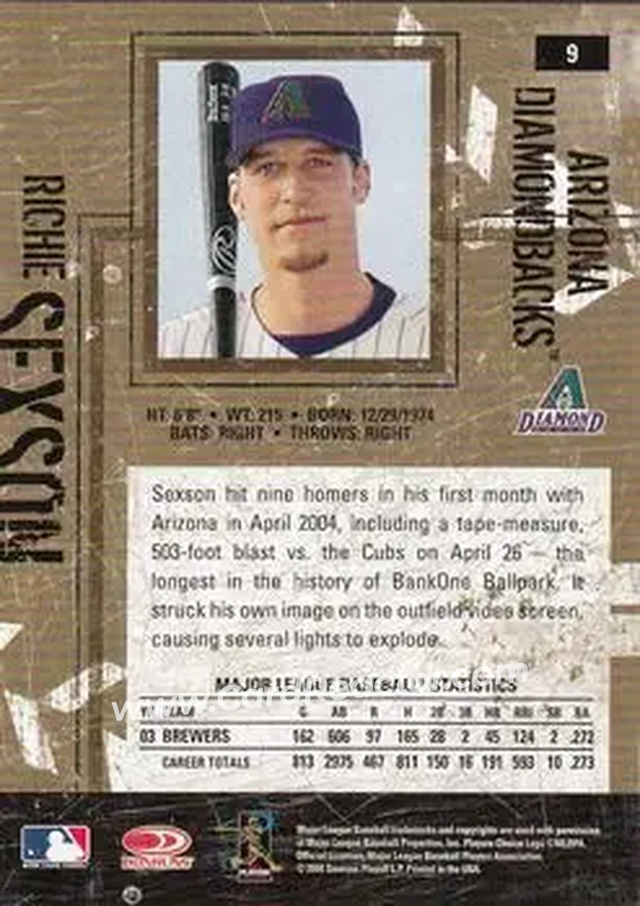 2004 Donruss Leather & Lumber #9 - Richie Sexson - Arizona Diamondbacks - Back