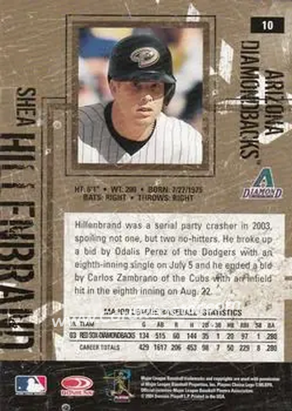 2004 Donruss Leather & Lumber #10 - Shea Hillenbrand - Arizona Diamondbacks - Back