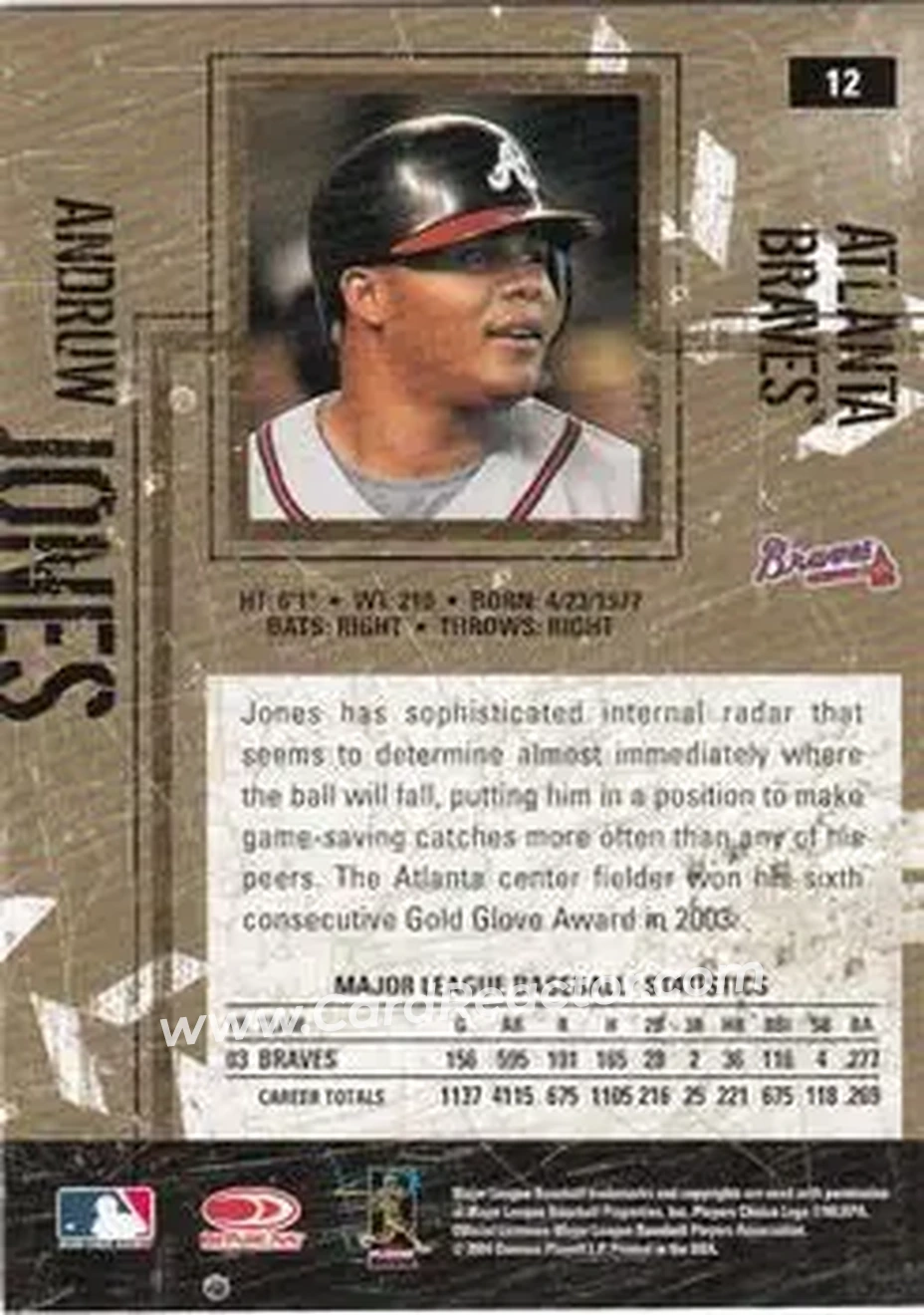2004 Donruss Leather & Lumber #12 - Andruw Jones - Atlanta Braves - Back