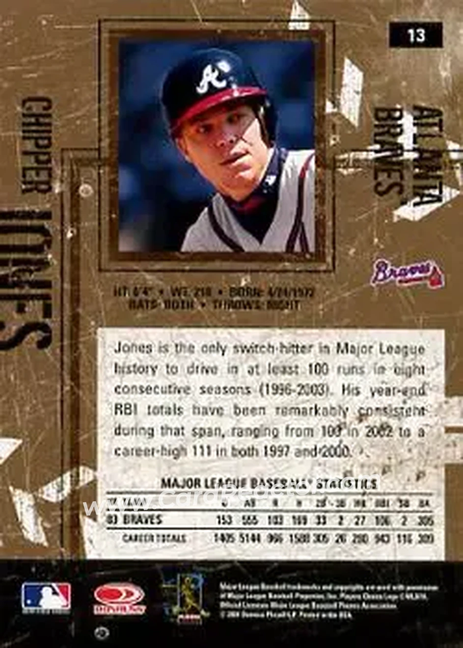 2004 Donruss Leather & Lumber #13 - Chipper Jones - Atlanta Braves - Back