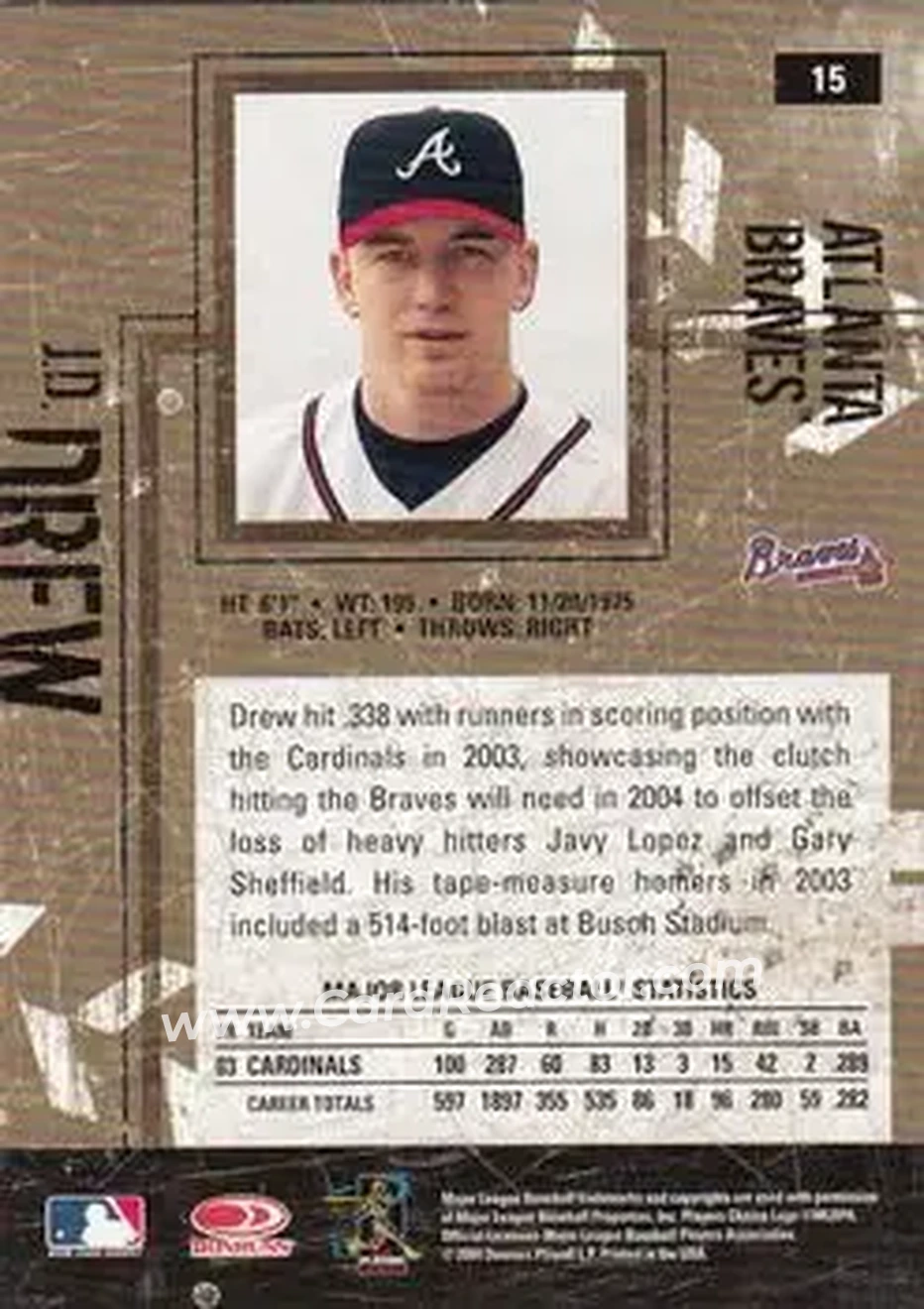 2004 Donruss Leather & Lumber #15 - J.D. Drew - Atlanta Braves - Back