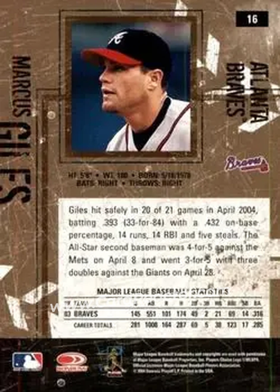2004 Donruss Leather & Lumber #16 - Marcus Giles - Atlanta Braves - Back